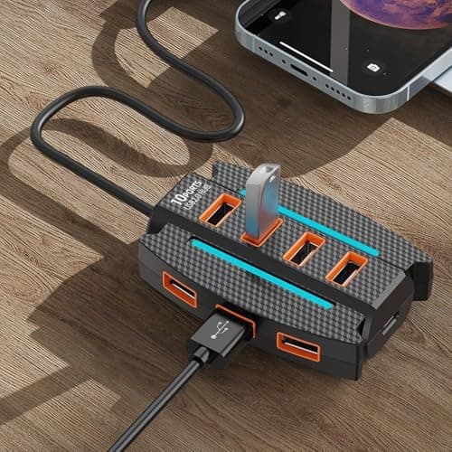 SPIN CART 10-Port USB 2.0 Hub with RGB Lighting, High-Speed Multi Hub Splitter, 1.2m Cable, Power Adapter, Carbon Fiber Pattern Design for Desktop, Laptop 4