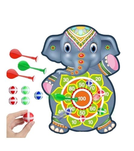 Amazon Brand - Jam & Honey Dart Game for Kids Cartoon Target Game Toy Sets Dart Board with 5 Velcro Balls and 1 Hanger -Children's Indoor Outdoor Sport Game Toys Gifts (Elephant (5 Balls and 3 Darts))