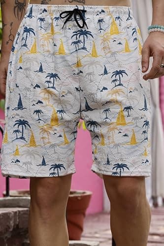 Zilcon Men's Casual Shorts Printed Fabric Drawstring Summer Beach Shorts (in, Alpha, L, Regular, Yellow) 3