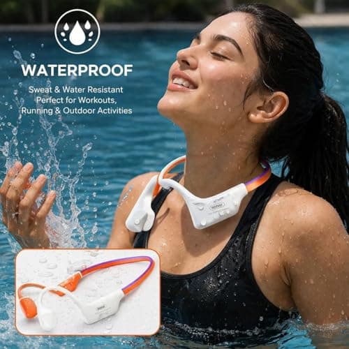 GAG Open-Ear Bone Conduction Wireless Headphones | Bluetooth Sports Neckband Earphones with Secure Fit | Lightweight Open Ear Headset for Running, Cycling & Workout | Orange & White 2