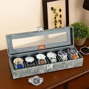 LEDO Luxury Watch Box Organizer Case with 6 Slots, PU Leather, Gray, Transparent Display, Soft Cushion Interior, Metal Clasp Lock, Perfect for Men and Women