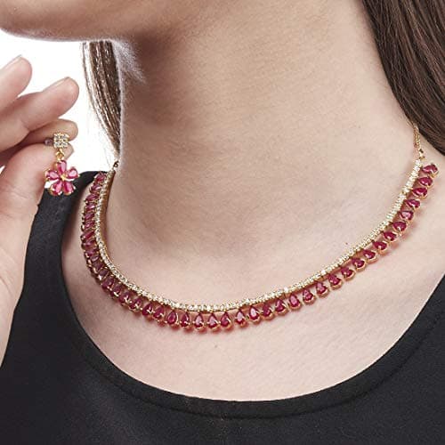 ZENEME Gold Plated American Diamond Necklace with Earrings Jewellery for Women & Girls (Pink) 4