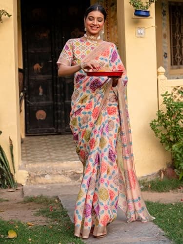 SIRIL Women's Cotton Linen Bandhani Printed Saree with Unstitched Blouse Piece (5277S757_Peach) 6