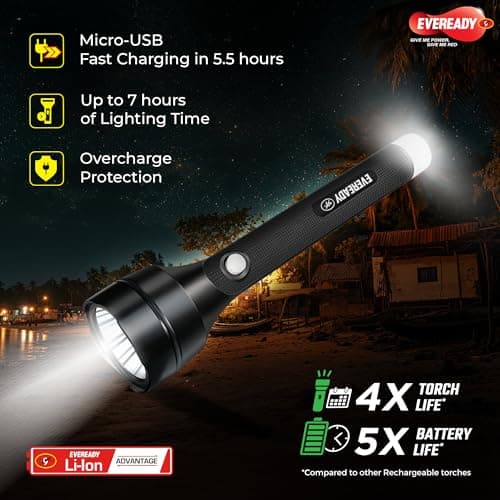 Eveready Navlite DL140, Rechargeable 2W Led Torch + 1W Emergency Tail Light, Metallic Finish, Type B/Micro USB Charging, Overcharge Protection, Powered By BIS Certified Li-Ion Battery 4