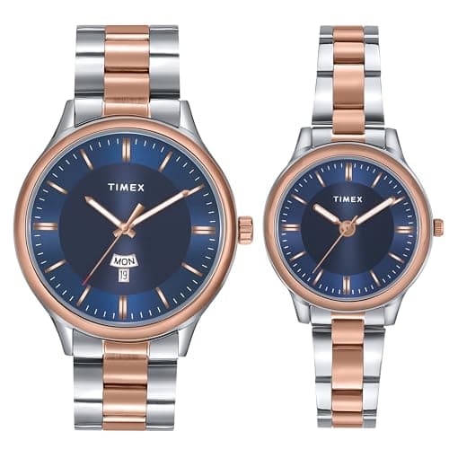 TIMEX Analog Watch for Couple with Blue Round Dial & Two Tone Stainless Steel Bracelet Band Water Resistant Pair's Wrist Watches - TW00ZP010
