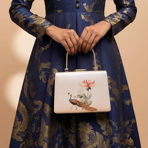 Artklim Peacock With Flower Printed Clutch – Elegant Handcrafted Box Bag with Golden Metal Handle & Detachable Sling | Designer Evening Clutch for Women 2
