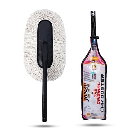 Jopasu Car Duster with Wax-Treated Cotton Strands & Long Plastic Handle | Scratch-Free Dry Dust Cleaner for Cars | Reusable Exterior Cleaning Brush