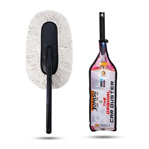 Jopasu Car Duster with Wax-Treated Cotton Strands & Long Plastic Handle | Scratch-Free Dry Dust Cleaner for Cars | Reusable Exterior Cleaning Brush