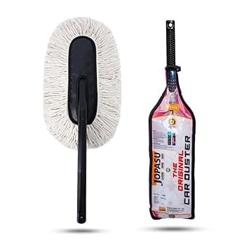 Jopasu Car Duster with Wax-Treated Cotton Strands & Long Plastic Handle | Scratch-Free Dry Dust Cleaner for Cars | Reusable Exterior Cleaning Brush