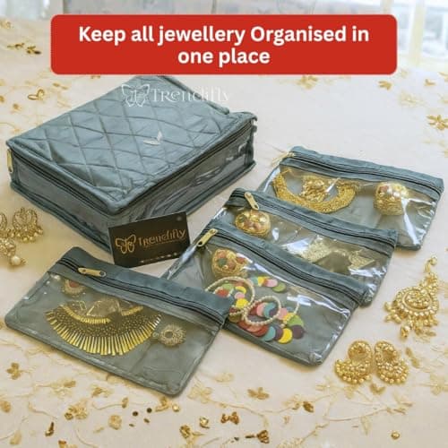 Trendifly Laminated PVC Travel Jewellery Storage Organiser Bags for women Earrings Rings Bracelet With 4 Transparent Pouches 1 Rod For Bangle and Large Cosmetic Makeup Brush (Blue) 3