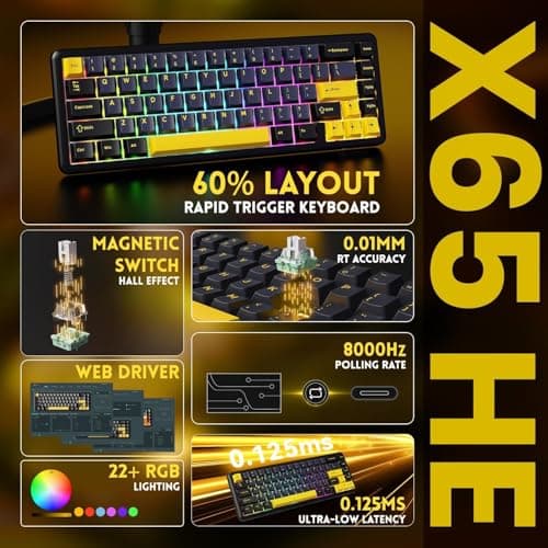 ATTACK SHARK X65 HE Rapid Trigger Compact 60% Wired Gaming Keyboard,Hall Effect Magnetic Switch Keyboard,Adjustable Actuation,8KHz Polling Rate,PBT Keycap RGB Backlit with Coiled Cable-Star Black 2