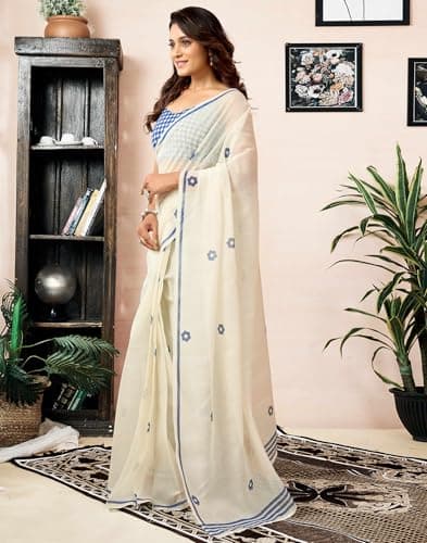 SIRIL Women's Chanderi Cotton Printed Ready To Wear with Pocket Saree with Unstitched Blouse Piece (47RS437_Off white) 2