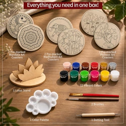 Mind Pilot Art & Craft Kit for Kids & Adults | 3-in-1 Indian Painting Kit | Mandala, Madhubani & Pichwai | 6 Pre-Marked Wooden Coasters | 12 Colours | DIY Gift Set | Ages 8+ 2