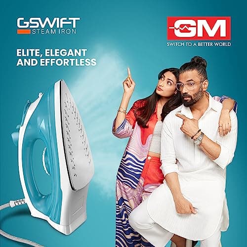 GM G-Swift Steam Iron 1250W with Dual Protection of Thermostat& Thermal FuseISelf CleaningI160ml Water Tank Vertical Steam Ironing|PTFE Non-Stick SoleplateIIndicator LightI360 Degree Swivel Cord- Blue 3