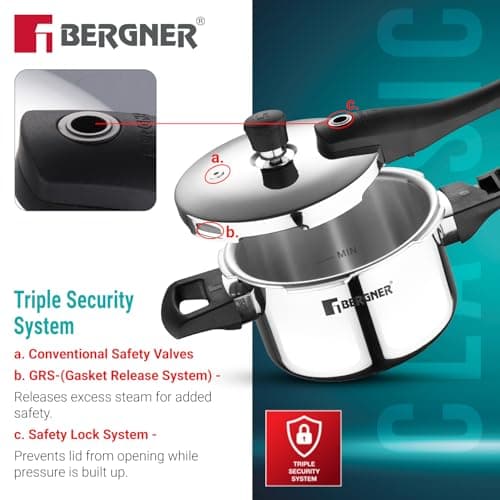 Bergner Argent Elements Triply Stainless Steel 2.5 L Outer Lid Pressure Cooker, Healthy Cooking, Even Heat Distribution, Sturdy Handle, Easy Lock System, Safety Gasket - Induction and Gas Stove Ready 5