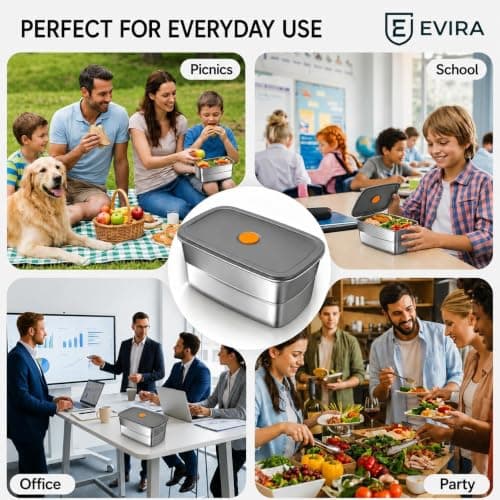 EVIRA 316 Stainless Steel Fridge Storage Box Set– 1500 ML (Pack of 6) Premium Food Grade & Leakproof Container | Airtight Locking Lids | Microwavable, Freezer & Dishwasher Safe Kitchen Organizer 5