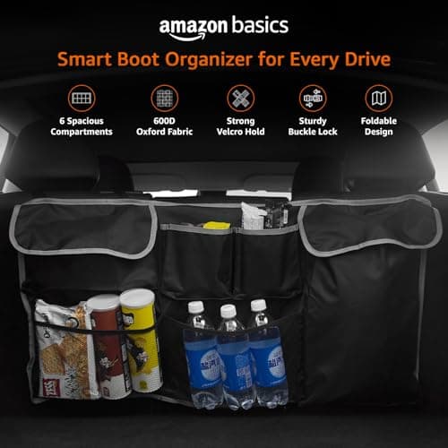 Amazon Basics Car Hanging Trunk Organizer – 6 Compartments, Durable 600D Oxford, Adjustable Straps, Foldable Boot Storage Bag, Black 2