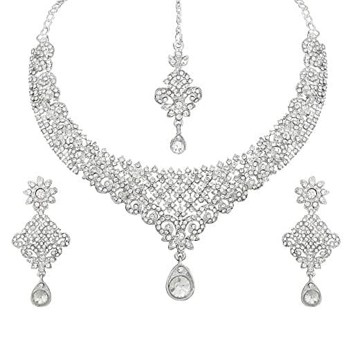 Atasi International Gold Plated Necklace with Earrings and Maang Tikka for Women - Jewellery Set for Party, Wedding, Engagement (Silver) (R1960)