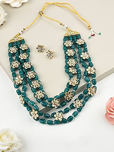 ZAVERI PEARLS Green Beads & Floral Kundan Necklace Set For Women-ZPFK9098 3