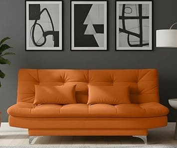 AMATA Eagle Solid Wood 3 Seater Sofa Cum Bed Orange Suede Velvet Fabric with Two Cushions Perfect for Home Living Office Room and Guests (Orange 2, Medium)(3 Year Warranty)