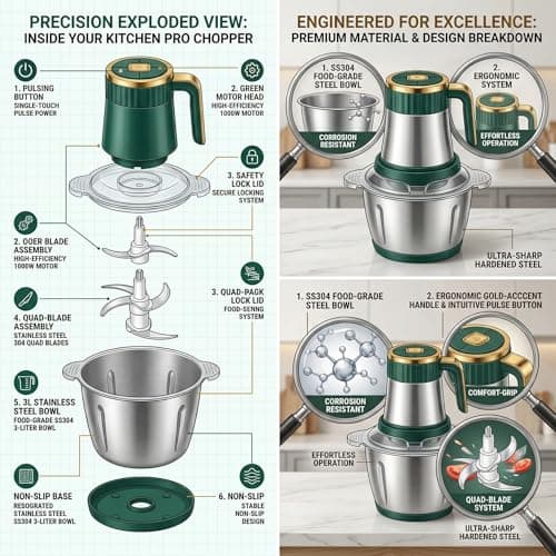 3L Electric Food Chopper & Meat Grinder - 500W Stainless Steel Food Processor with Quad-Blade System - SS304 Mixing Bowl for Meat, Veggies & Purees - Green/Rose Gold 5
