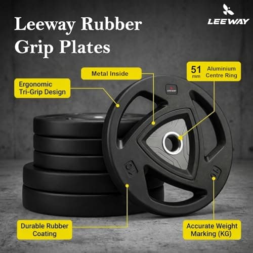 LEEWAY Rubber Coated Olympic Plates (5kg x 2) | 50mm Standard Hole Size | Tri-Grip Handle Design | Anti-Slip Floor Protection | Olympic Barbell & Dumbbell Compatible | Strength Training (5kg Pair) 3