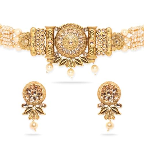 Rubans Gold Plated Pearl Choker Necklace Set with Drop Earrings Traditional Ethnic Festive Wedding Jewellery for Women