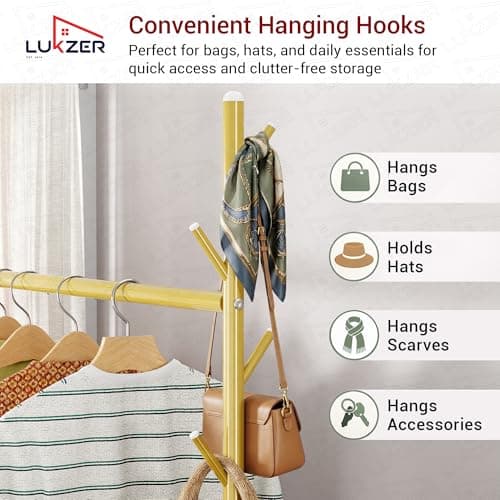 Lukzer | MGR-003 | Gold | Metal Clothes Hanging Stand with Wheels, Bottom Shelf & Single Rod – Stylish Garment Rack & Cloth Organizer for Entryway, Dressing Room & More | 173 x 110 x 35 cm 5