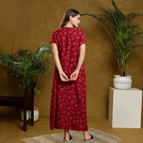 MomToBe Women's Cotton Maxi A-Line Nursing Nighty with Zippers for Nursing Pre and Post Pregnancy Scarlet Red Free Size 3