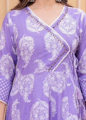GEKHA Women Pure Cotton Printed Anarkali Kurta Set Purple, XL 4