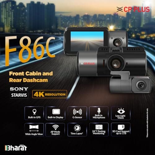 CP PLUS True 4K Dashcam for Car with Built-in GPS | 8MP Front, Cabin & Rear (3 CH) Dash Cam | Sony Starvis | 2.5" Display | WDR Night Vision | 139° Wide View Angle | Support SD Card upto 1TB | CP-F86C 2