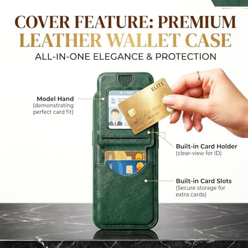amazon basics Premium Vegan Leather Back Cover with Card Holder and Integrated Mobile Stand for iPhone 17 – Slim Shockproof Wallet Case with Geometric Stitching [Green] 2