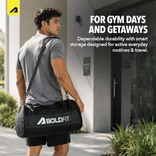 Boldfit Gym Bags for Men with Separate Shoe Compartment Unisex Duffle Bag for Carry & Travel Adjustable for Shoes Towel Duffel Sports Bag for Women & Men 20L - Black Grey 3