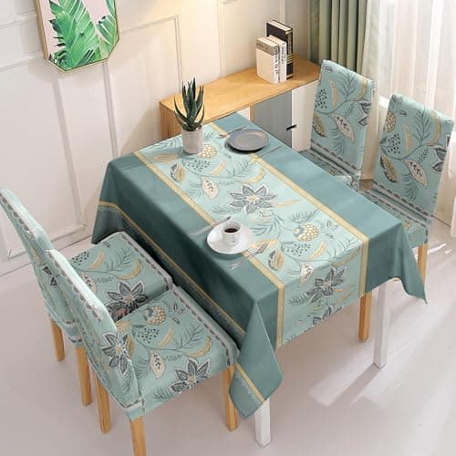 Styleys Dining Chair Covers with Rectangular Table Cover | Waterproof Dining Table Cloth for Dining Room - 1 Table Cover + 4 Chair Cover, Teal Gold Bloom, XKFSZB-5A 5