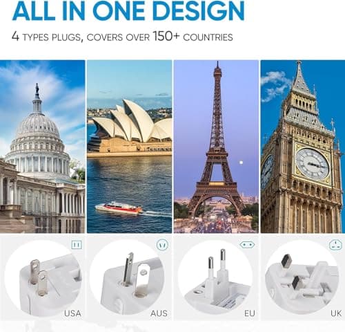 Rts Fast Charging Universal Travel Adapter Plug Wall Charger with Type C & USB-A, 5 in 1, for US, UK, EU European & AU Plug Types Travel Accessories International All in One Worldwide Travel Adaptor 3