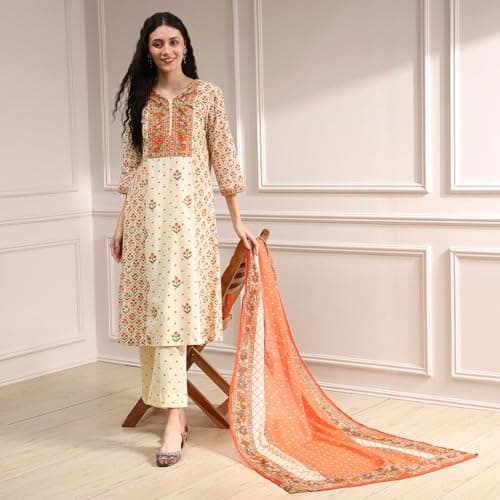 Biba Women Beige Cotton A-Line Printed Kurta Set_34 2