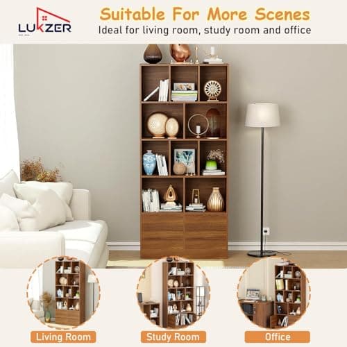 Lukzer 10 Open Cube Bookcase Storage Organizer with 2 Push Latch Doors Cabinet | Engineered Wood Multipurpose Bookshelf Display Rack for Home & Office | DIY Assembly (MR-033/Oak Brown/157x80x30 cm) 6