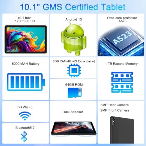 NEWISION Android Tablet, 10 inch Android 13 Tablets Octa-Core Processor with 8GB RAM 64GB 1TB Expand,1280x800 IPS HD Touchscreen, 5G WIFI,6000mAh Battery, Bluetooth, Dual Camera with Tablet Case 2