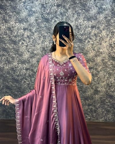 Dhanushlifestyle Women Dress | Jumpsuit | Jumpsuits for Women Stylish Mauve Satin Anarkali Gown Dress with Embroidered Yoke, Flared Floor Length Ethnic Dress (in, Alpha, S, Regular, Pink) 4