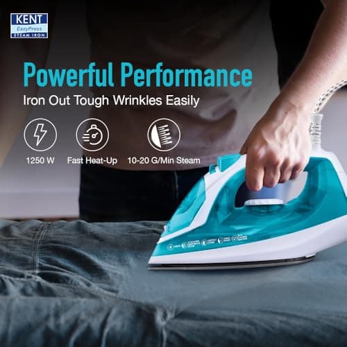 KENT Glide Steam Iron | 1250W | Powerful Steam Burst upto 20G/Min | Non-Stick Sole Plate | Vertical and Horizontal Steaming | Adjustable Temperature | 360° Swivel Cord | Turquoise Blue 3