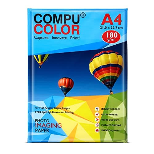 COMPUCOLOR- Cast Coated Primo Glossy Photo Paper 180GSM (A4 Size, 20 Sheets, Pack of 1) Bright White| For all Inkjet Printers | Water Proof, Scratch Resistant, Instant Dry, Long Lasting, Vibrant Color