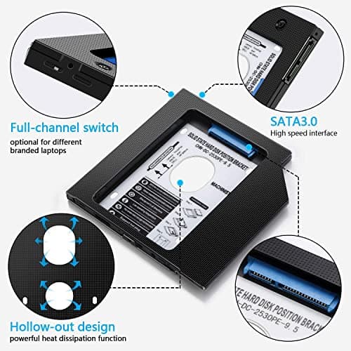 WISTAR 12.7mm Universal SATA 2nd HDD SSD Caddy, Second 2.5 Inch SATA Hard Disk Drive Enclosure Adapter, CD DVD Optical Bay for Dell HP Asus Acer Sony Apple iMac Laptop Computer Replacement Parts 5