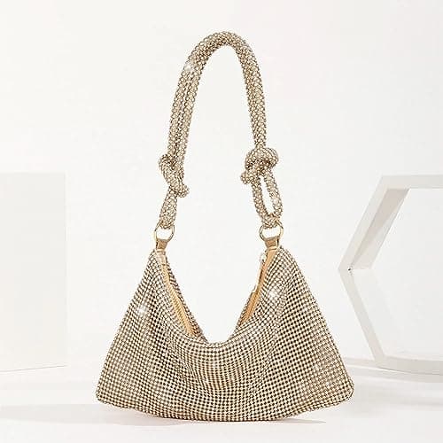 BLUE BEADS Gold Color Full Rhinestone Crystal Evening Clutch Bag - Sparkling Glitter Handbag with Shiny Shoulder Strap - Elegant Tote for Special Occasions For Women and Girls 2
