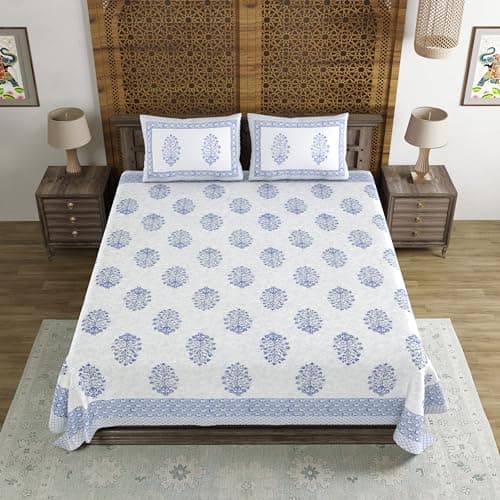 BLOCKS OF INDIA Hand Block Printed 200 TC Cotton King Size Bedsheet (Blue Pot) 2