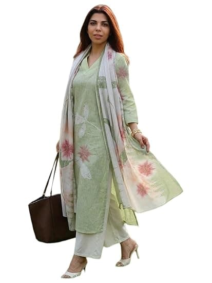 ANNI Designer Women Cotton Blend Straight Fit Printed Kurta Pant Dupatta Set | V Neck Three Quarter Sleeve Ensemble | Soft Breathable Fabric | Comfortable Elegant Styling for Office Casual Wear