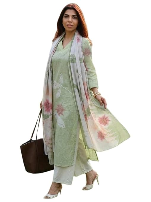 ANNI Designer Women Cotton Blend Straight Fit Printed Kurta Pant Dupatta Set | V Neck Three Quarter Sleeve Ensemble | Soft Breathable Fabric | Comfortable Elegant Styling for Office Casual Wear