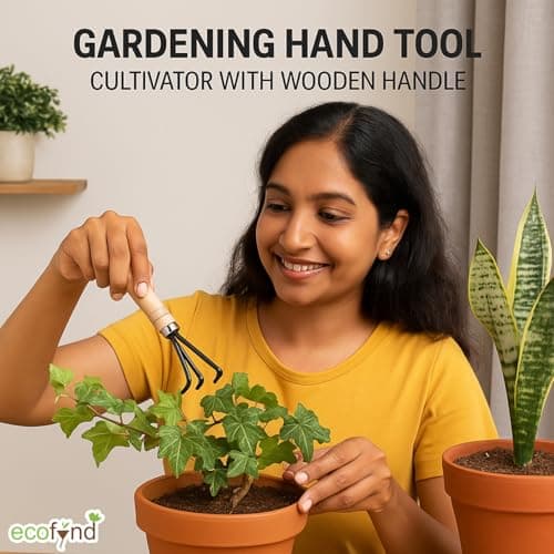 ecofynd Gardening Hand Tool (Cultivator with Wooden Handle), Home Garden Durable Plant Tool, Planting, Weeding, Pruning, Soil Maintenance, Farming Essential Kit (GT014) 3
