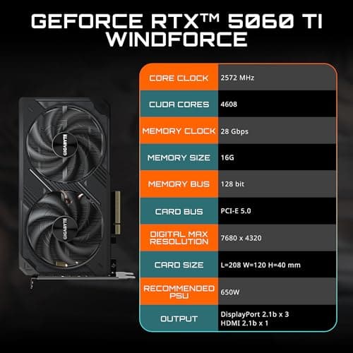 GIGABYTE GeForce RTX 5060 Ti WINDFORCE 16G Graphics Card, 16GB 128-bit GDDR7, PCIe 5.0, WINDFORCE Cooling System, GV-N506TWF2-16GD Video Card 2