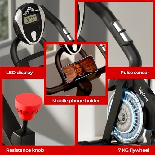 Lifelong Fit Pro Spin Fitness Bike for Home | Exercise Bike for Cardio Workout with 7 KG Flywheel, Adjustable Resistance & LED Display | Cushioned Adjustable Seat | Non-Slip Pedals | Max User Weight 1 4