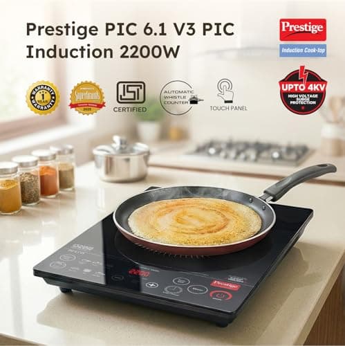Prestige PIC 6.1 V3 2200 Watts Induction Cooktop | Patented Automatic Whistle Counter | 4KV Surge Protection | 7 Preset Indian Menu Options With Timer | Touch Button | Black | 1Y Warranty | BIS 2